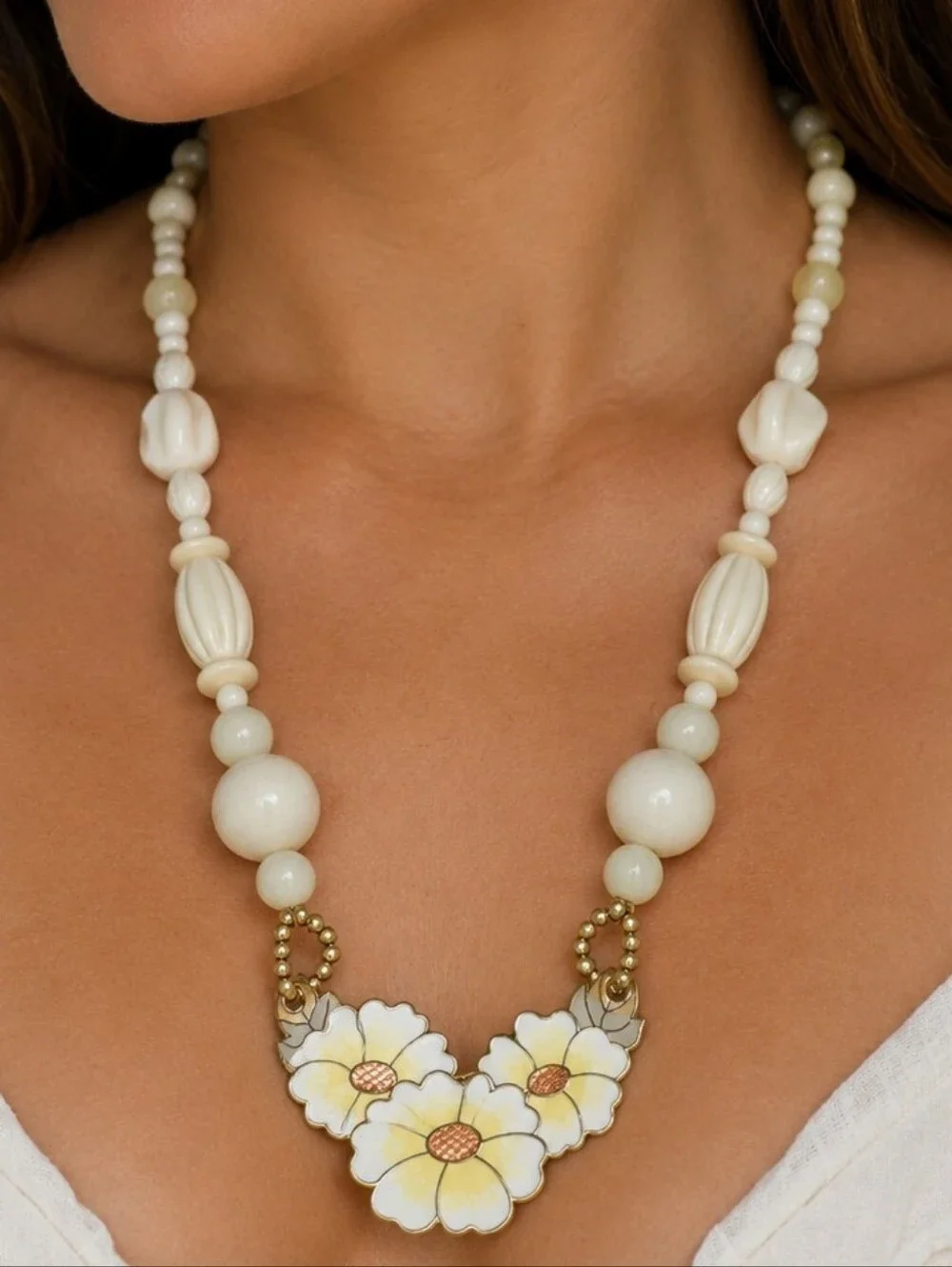 Vintage Statement Necklace Ivory White Beaded Metal Enamled Flower Pendant
